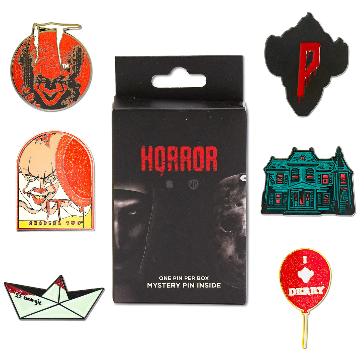 IT Chapter Two Mystery Enamel Pin Blind Box Series, Pennywise Face, Bloody P Silhouette, Pennywise with Balloon, Neibolt Street House, SS Georgie Paper Boat, or Derry Balloon Blind Box Pins IT