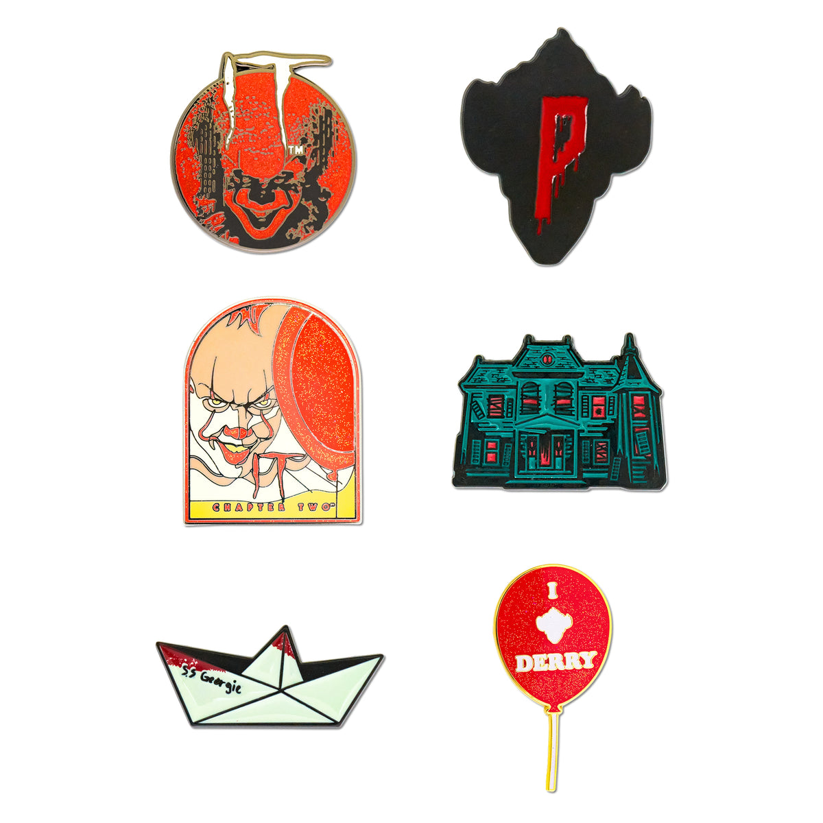 IT Chapter Two Mystery Enamel Pin Blind Box Series, Pennywise Face, Bloody P Silhouette, Pennywise with Balloon, Neibolt Street House, SS Georgie Paper Boat, or Derry Balloon Blind Box Pins IT