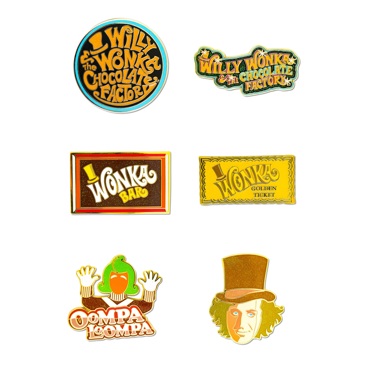 Willy Wonka and the Chocolate Factory Mystery Enamel Pin Blind Box Series, Wonka Bar, Golden Ticket, Oompa Loompa, Willy Wonka Face, Round Title Logo, or Colorful Title Logo Blind Box Pins Willy Wonka and the Chocolate Factory