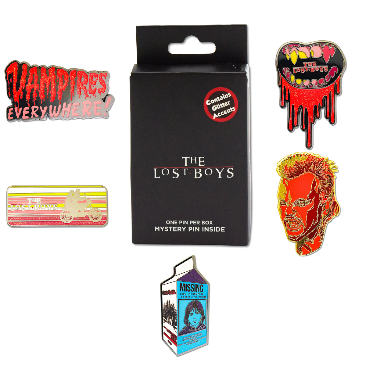 The Lost Boys Mystery Enamel Pin Blind Box Series, Vampires Everywhere, Teeth, Motorcycle Title Logo, Milk Carton, or David Blind Box Pins The Lost Boys