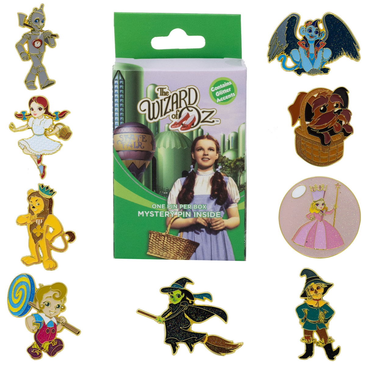 The Wizard of Oz Mystery Enamel Pin Blind Box Series, Dorothy, Toto, Scarecrow, Tin Man, Cowardly Lion, Wicked Witch, Flying Monkey, Glinda, or a Munchkin Blind Box Pins The Wizard of Oz