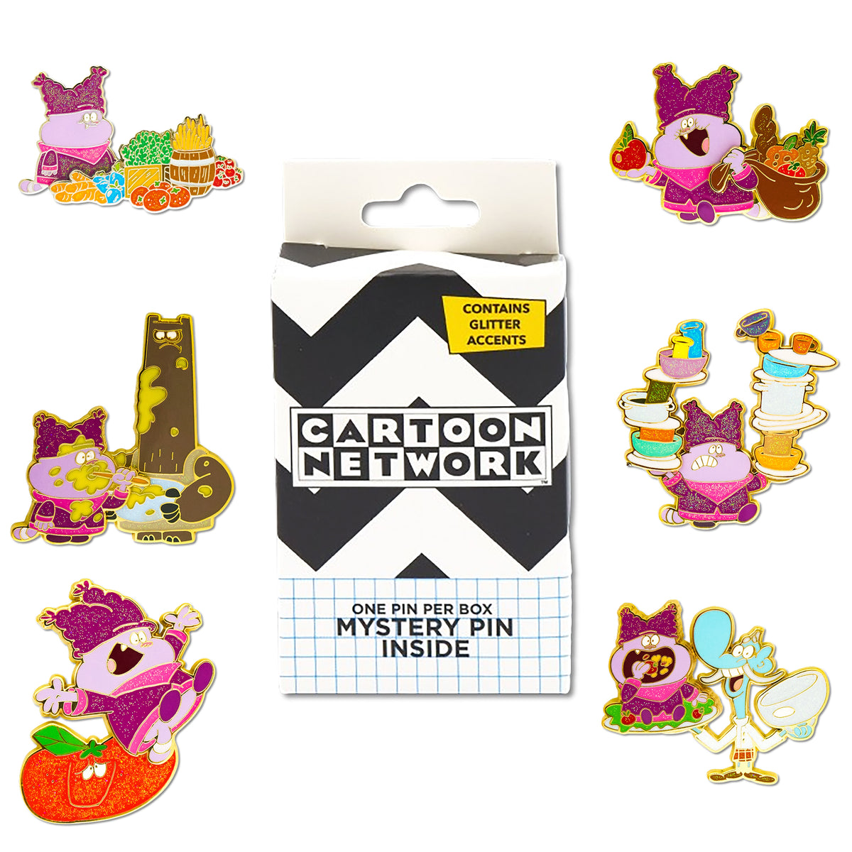 Chowder Mystery Enamel Pin Blind Box Series, Food Bag, Food Stand, Schnitzel Batter, Balancing Dishes, Apple, or Mung Daal Tray Blind Box Pins Chowder