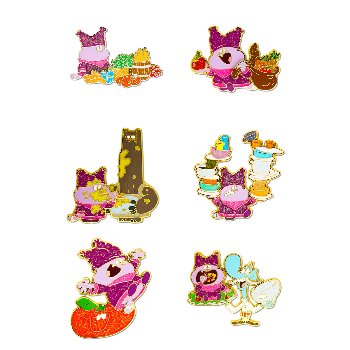 Chowder Mystery Enamel Pin Blind Box Series, Food Bag, Food Stand, Schnitzel Batter, Balancing Dishes, Apple, or Mung Daal Tray Blind Box Pins Chowder