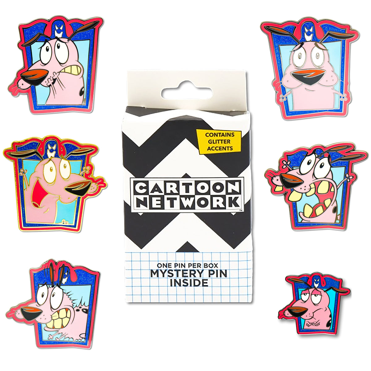 Courage the Cowardly Dog Expression Frames Mystery Enamel Pin Blind Box Series, Nail Biting, Arms Crossed, Arms Up, Closed Mouth, Screaming, or Shaking Blind Box Pins Courage the Cowardly Dog
