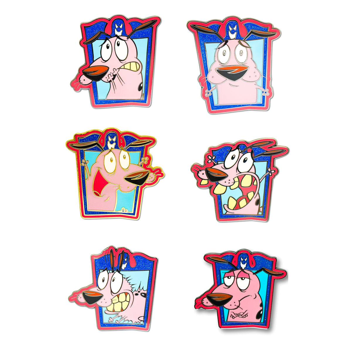 Courage the Cowardly Dog Expression Frames Mystery Enamel Pin Blind Box Series, Nail Biting, Arms Crossed, Arms Up, Closed Mouth, Screaming, or Shaking Blind Box Pins Courage the Cowardly Dog