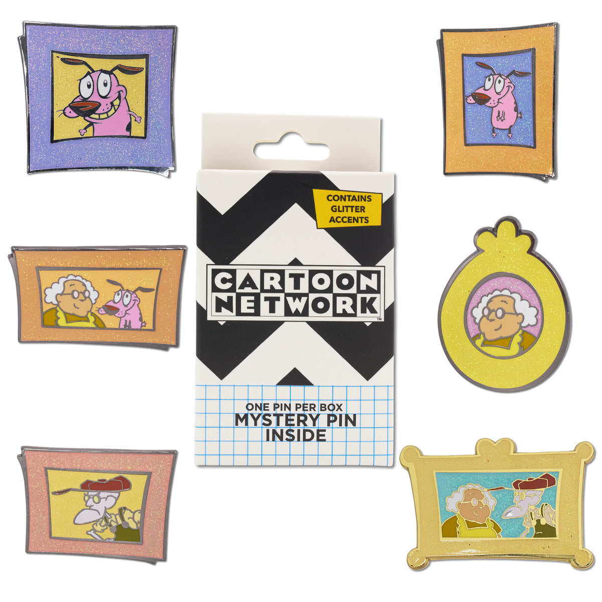 Courage the Cowardly Dog Mystery Enamel Pin Blind Box Portrait Series, Courage Worried, Eustace, Muriel, Muriel and Courage, Muriel and Eustace, or Courage Smiling Blind Box Pins Courage the Cowardly Dog