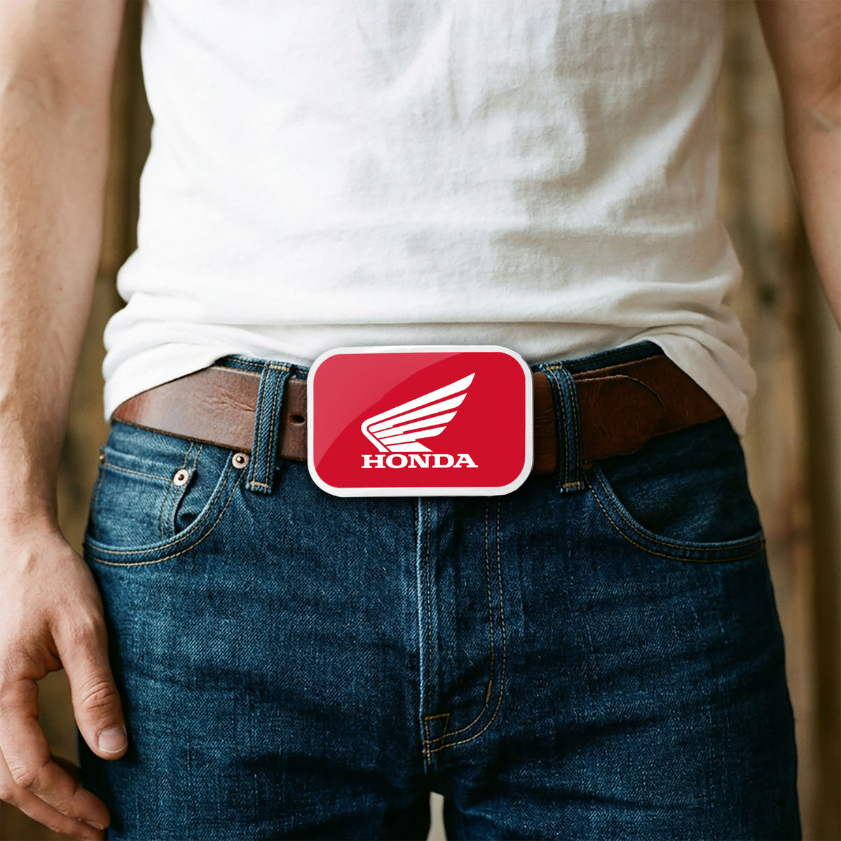 HONDA Motorcycle Framed FCG Red/White - Chrome Rock Star Buckle Belt Buckles Honda Motorsports