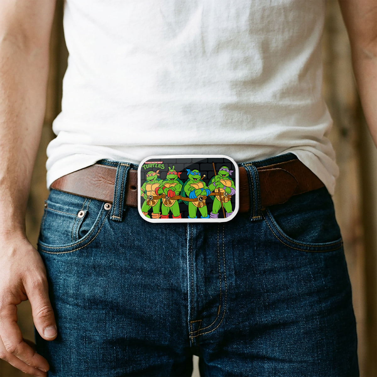 Classic Teenage Mutant Ninja Turtles Logo Group Pose Brickwall FCG - Chrome Rock Star Buckle Belt Buckles Teenage Mutant Ninja Turtles
