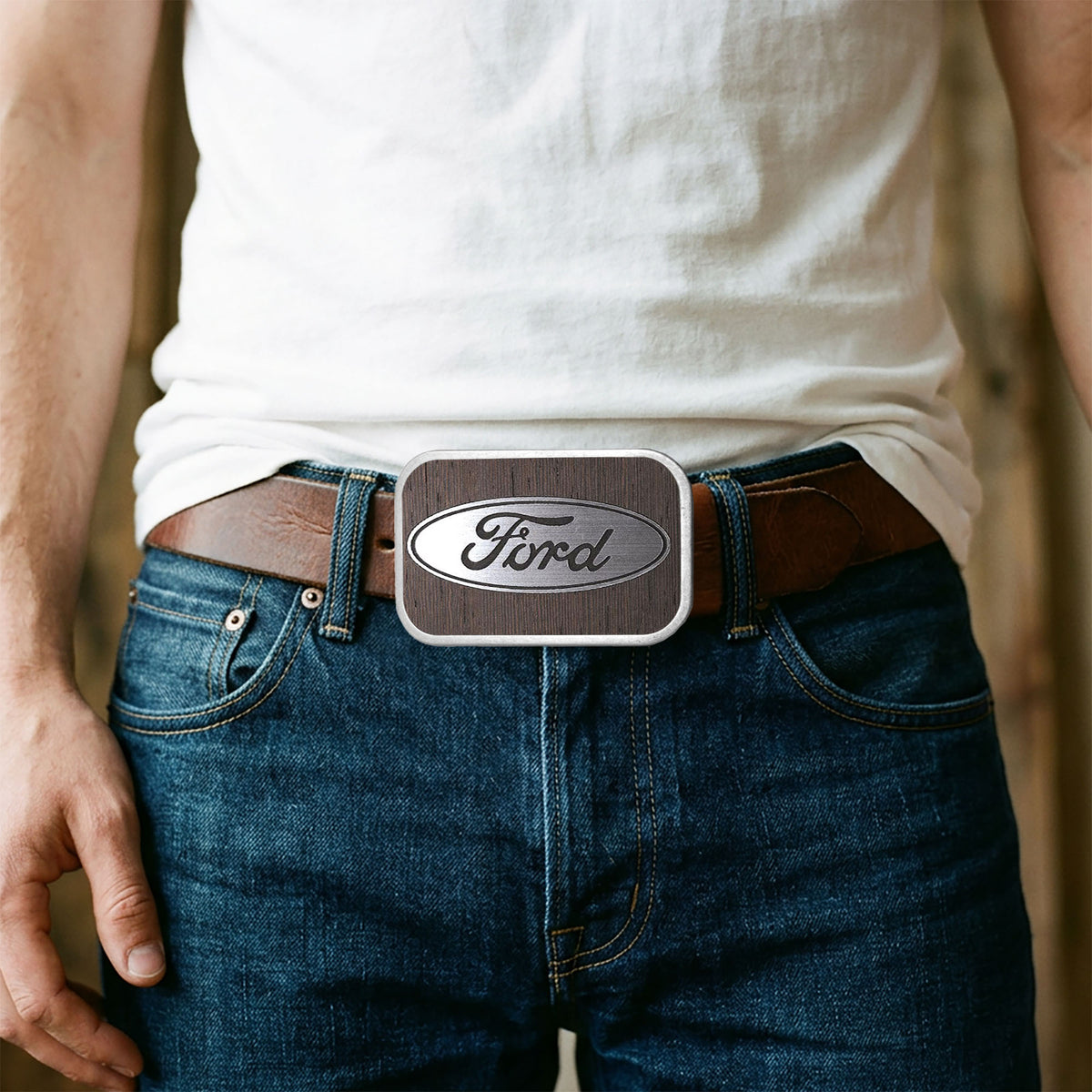 Ford Oval Framed Marquetry Black Walnut/Metal - Matte Rock Star Buckle Belt Buckles Ford