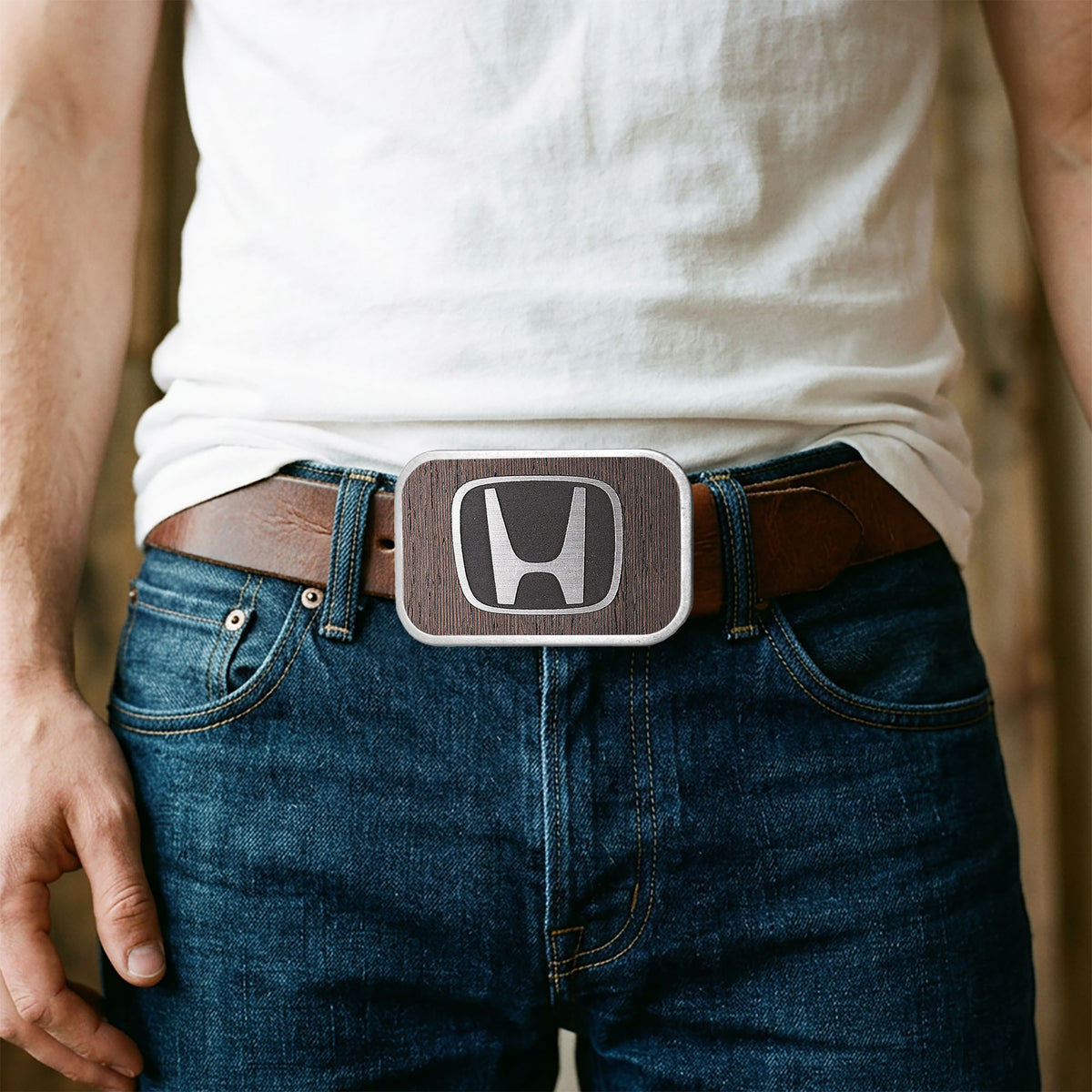 Honda Framed Marquetry Black Walnut/Metal - Matte Rock Star Buckle Belt Buckles Honda