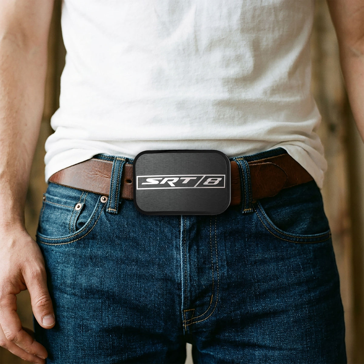 SRT-8 Logo Framed Reverse Brushed - Black Rock Star Buckle Belt Buckles Dodge
