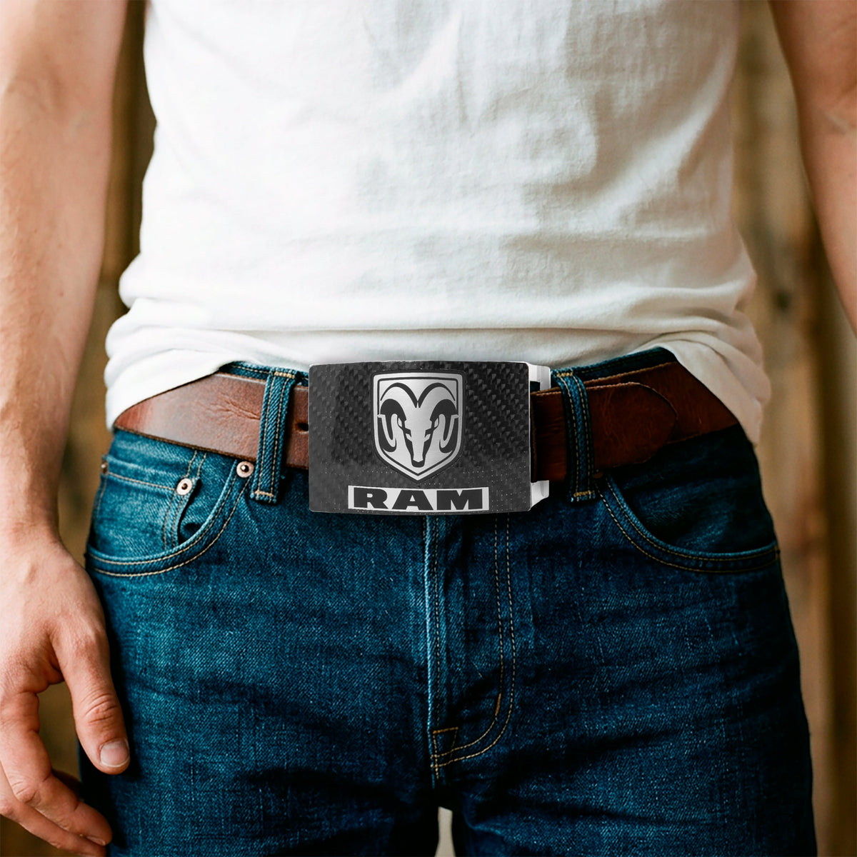 Ram Head Text Rock Star Buckle - Marquetry Carbon Fiber Brushed Metal Belt Buckles Ram
