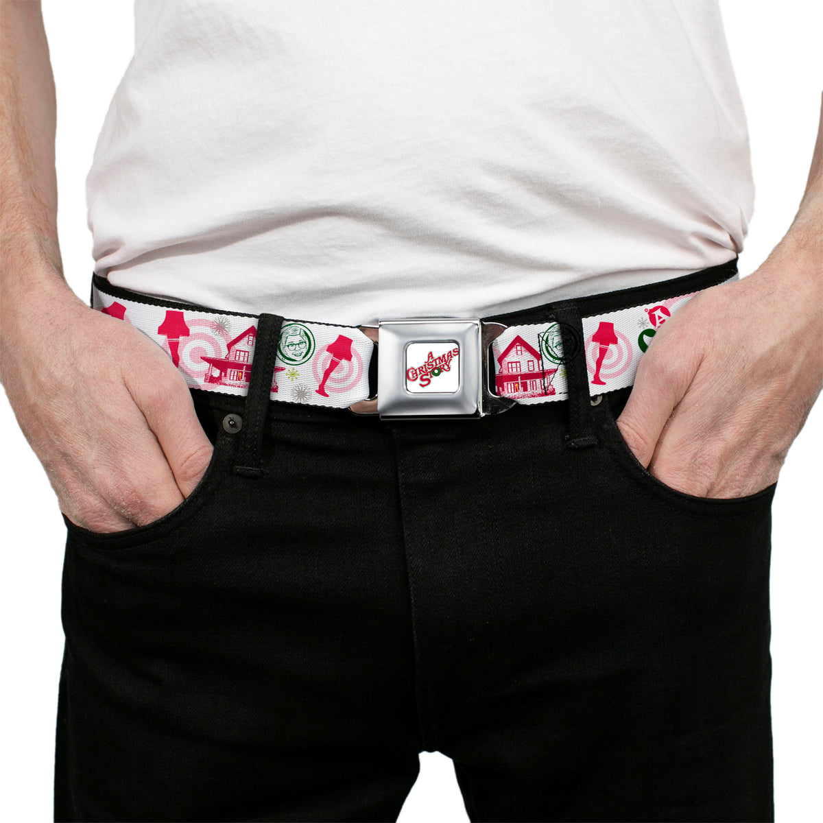 A CHRISTMAS STORY Wreath Logo Full Color White Seatbelt Belt - A Christmas Story Icons Collage White/Reds/Greens Webbing Seatbelt Belts A Christmas Story