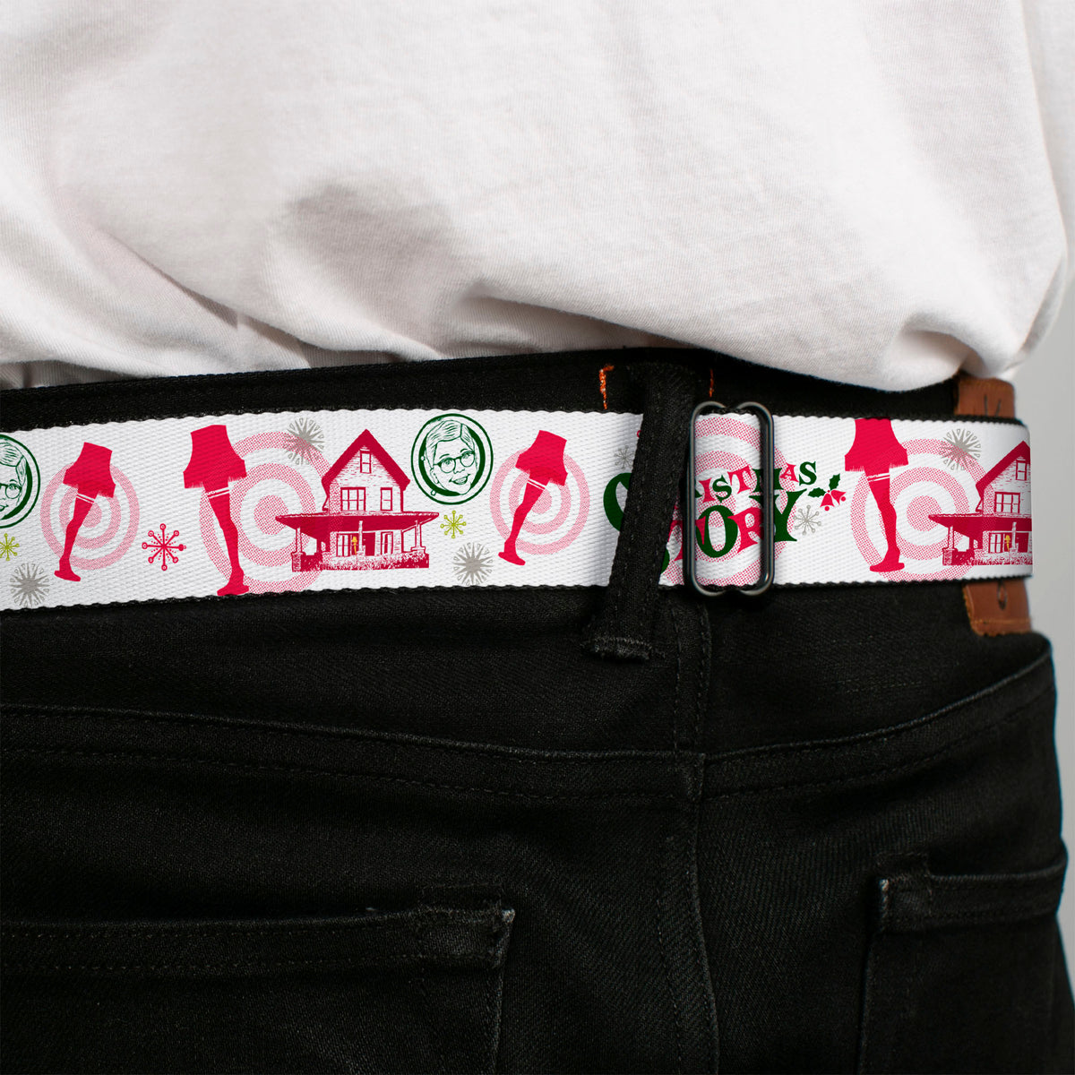 A CHRISTMAS STORY Wreath Logo Full Color White Seatbelt Belt - A Christmas Story Icons Collage White/Reds/Greens Webbing Seatbelt Belts A Christmas Story