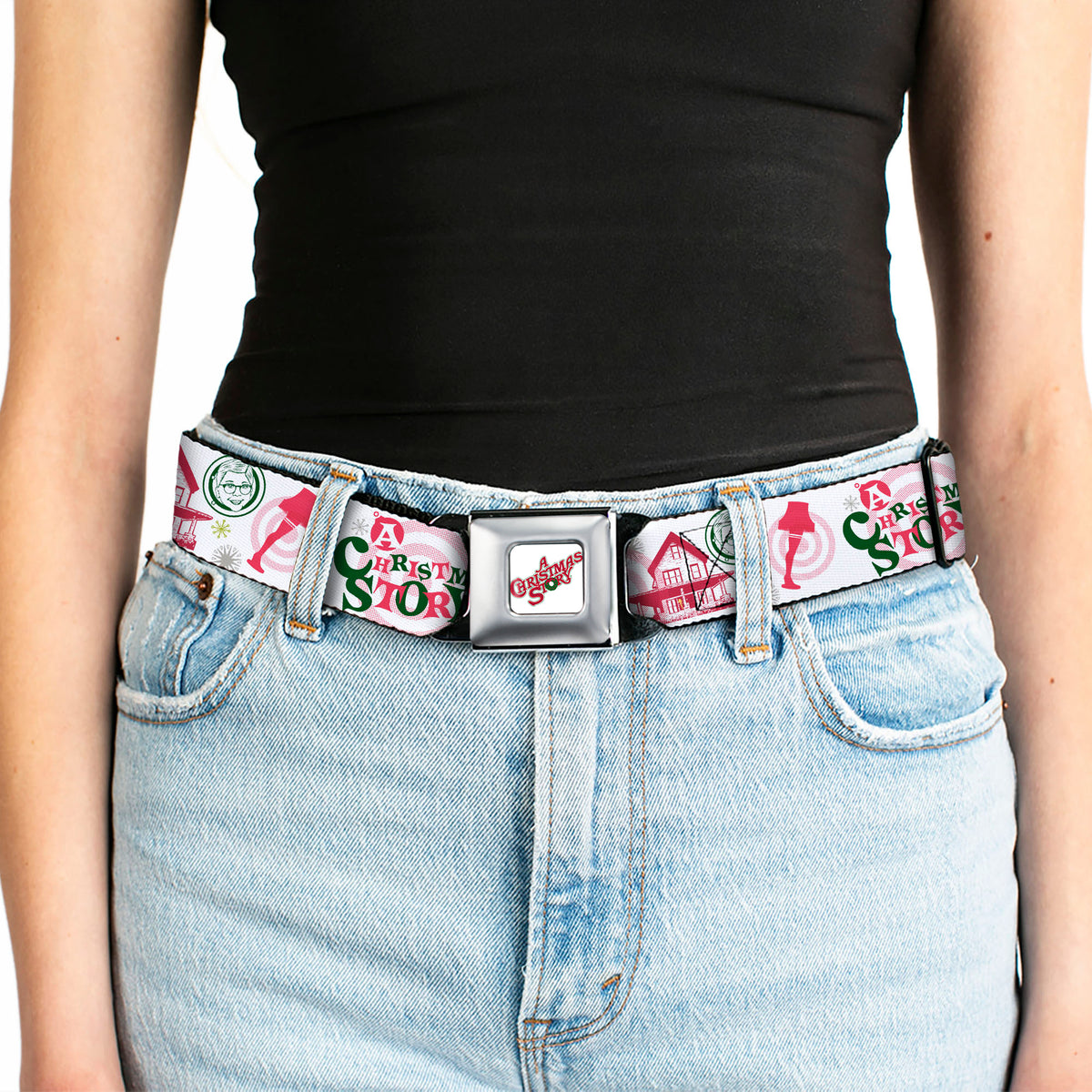 A CHRISTMAS STORY Wreath Logo Full Color White Seatbelt Belt - A Christmas Story Icons Collage White/Reds/Greens Webbing Seatbelt Belts A Christmas Story