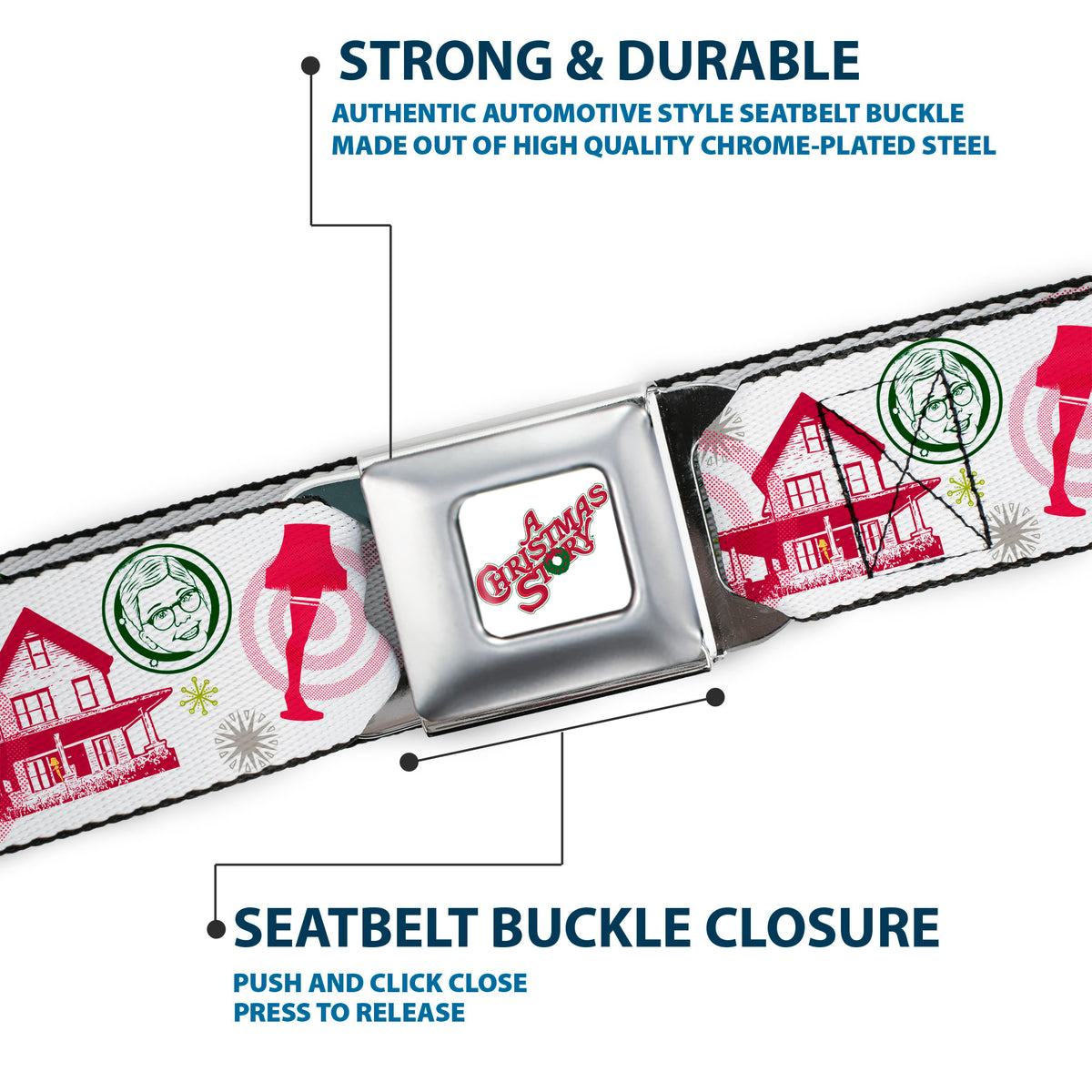 A CHRISTMAS STORY Wreath Logo Full Color White Seatbelt Belt - A Christmas Story Icons Collage White/Reds/Greens Webbing Seatbelt Belts A Christmas Story