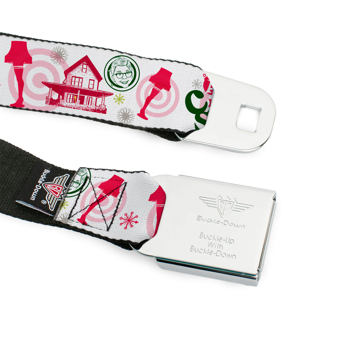 A CHRISTMAS STORY Wreath Logo Full Color White Seatbelt Belt - A Christmas Story Icons Collage White/Reds/Greens Webbing Seatbelt Belts A Christmas Story