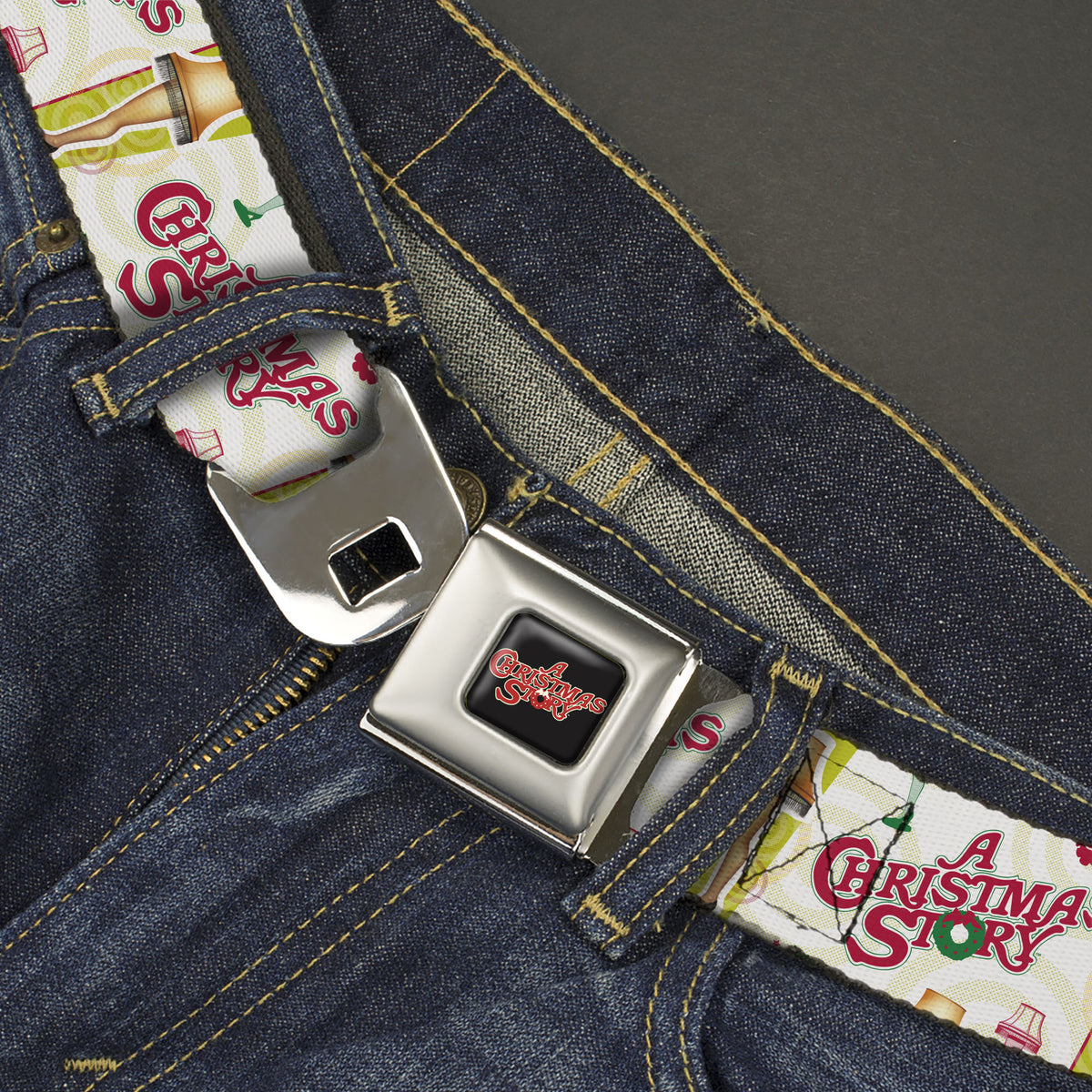 A CHRISTMAS STORY Wreath Logo Full Color Black/Red Seatbelt Belt - A CHRISTMAS STORY Leg Lamp and Title Logo White Webbing Seatbelt Belts A Christmas Story