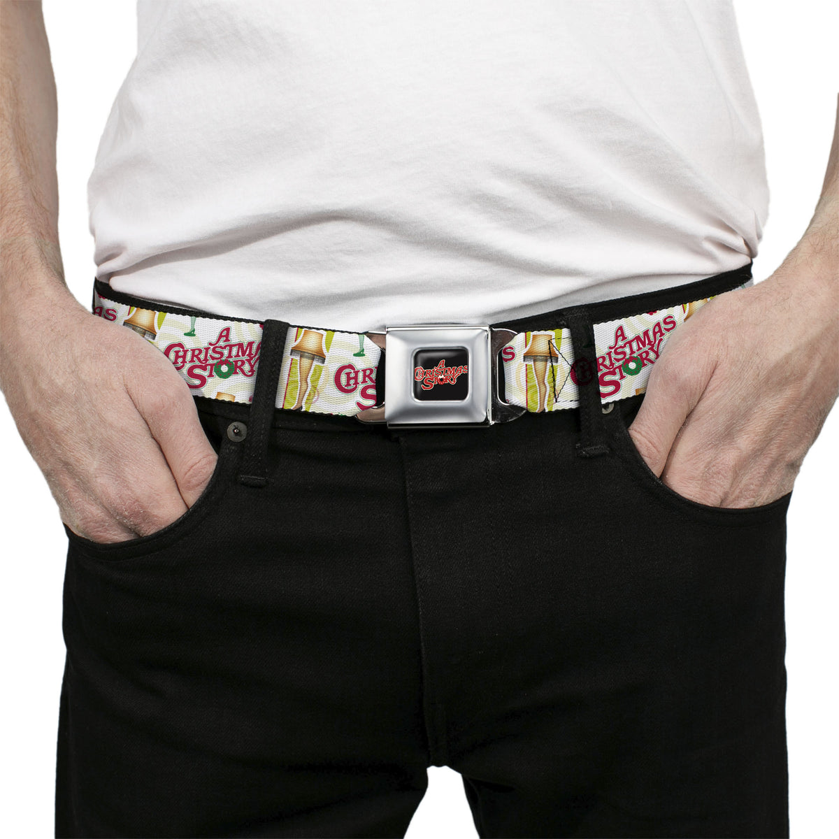A CHRISTMAS STORY Wreath Logo Full Color Black/Red Seatbelt Belt - A CHRISTMAS STORY Leg Lamp and Title Logo White Webbing Seatbelt Belts A Christmas Story