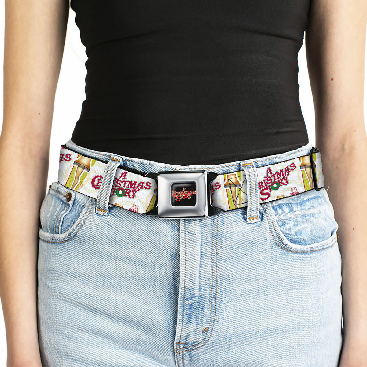 A CHRISTMAS STORY Wreath Logo Full Color Black/Red Seatbelt Belt - A CHRISTMAS STORY Leg Lamp and Title Logo White Webbing Seatbelt Belts A Christmas Story