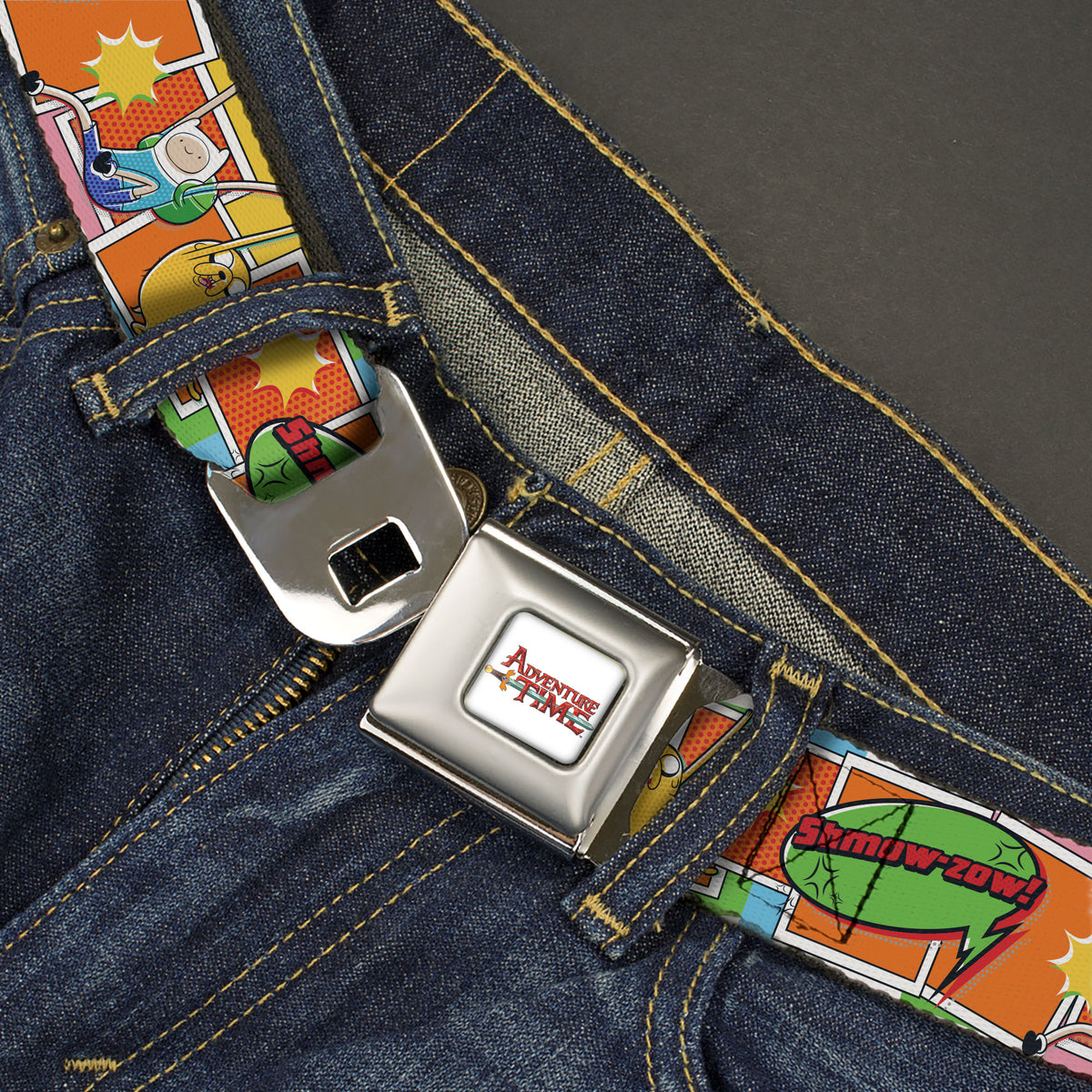 ADVENTURE TIME Title Logo Full Color White Seatbelt Belt - Adventure Time Finn and Jake SHMOW-ZOW Comic Pose Orange Webbing Seatbelt Belts Adventure Time