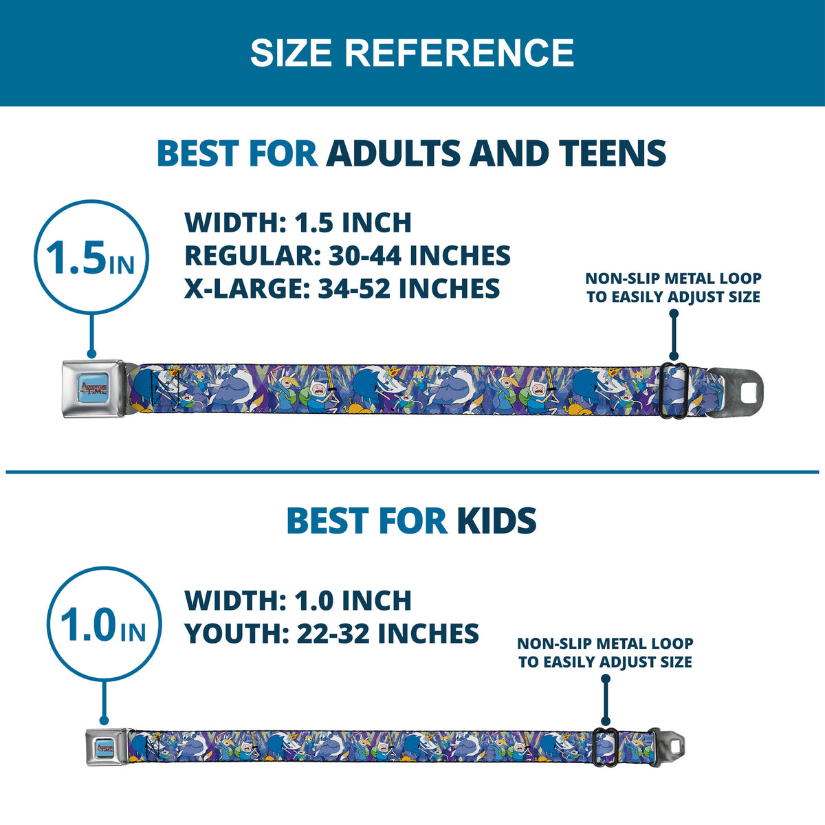 ADVENTURE TIME Title Logo Full Color Blue Seatbelt Belt - Adventure Time Finn Jake and Fionna Cake Ice Kingdom Battle Blues Webbing Seatbelt Belts Adventure Time