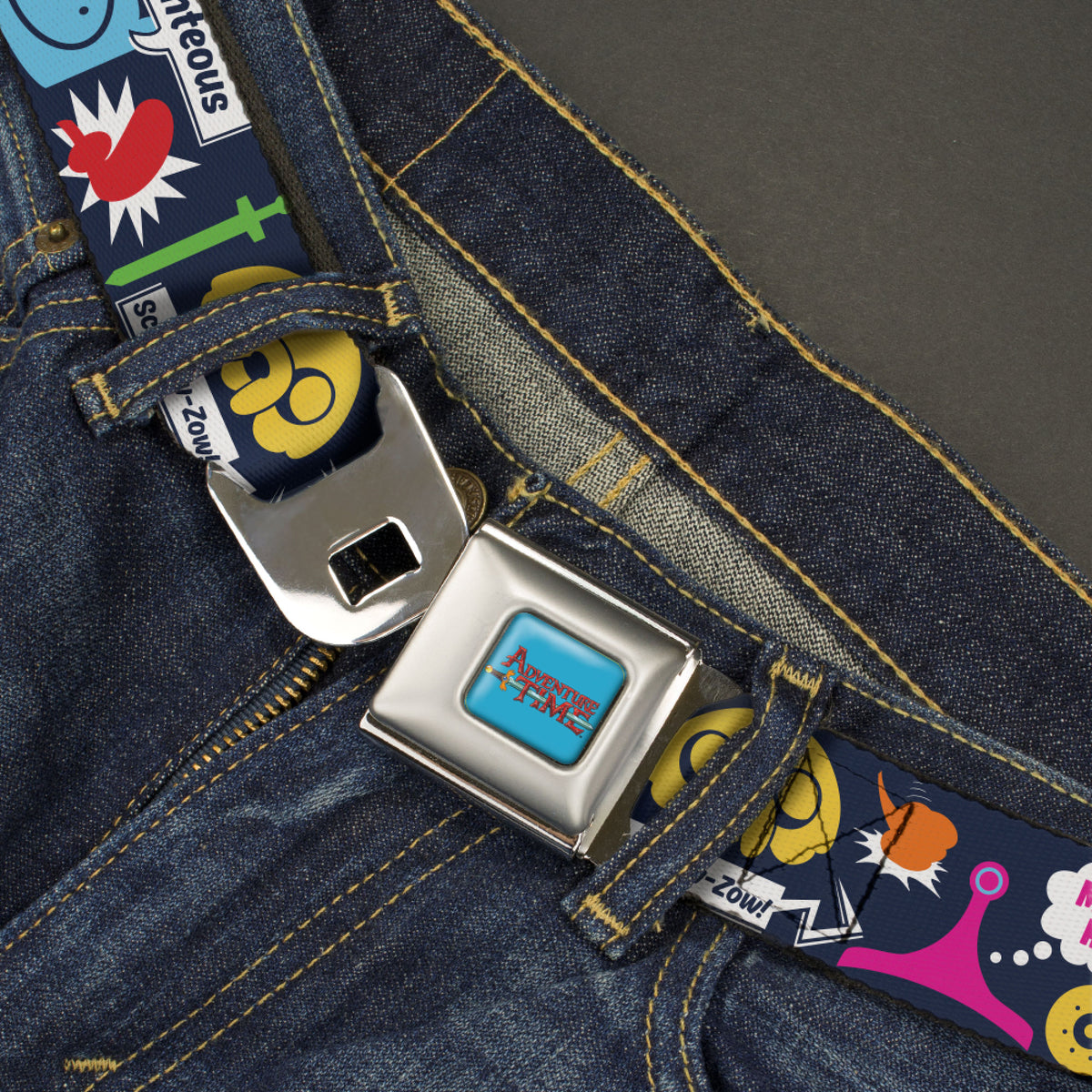ADVENTURE TIME Title Logo Full Color Blue Seatbelt Belt - Adventure Time Finn and Jake Icons and Quotes Navy/Multi Color Webbing Seatbelt Belts Adventure Time
