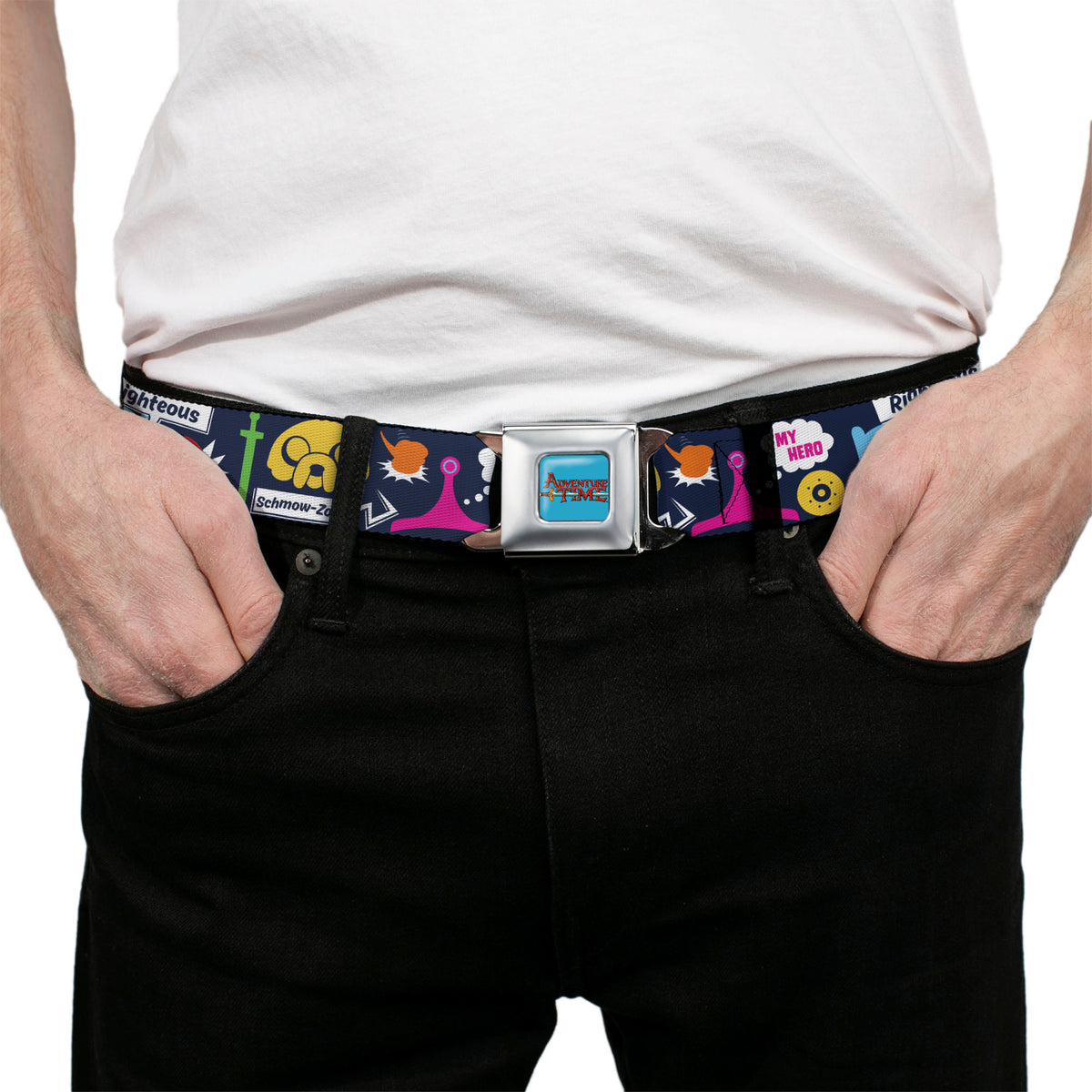 ADVENTURE TIME Title Logo Full Color Blue Seatbelt Belt - Adventure Time Finn and Jake Icons and Quotes Navy/Multi Color Webbing Seatbelt Belts Adventure Time
