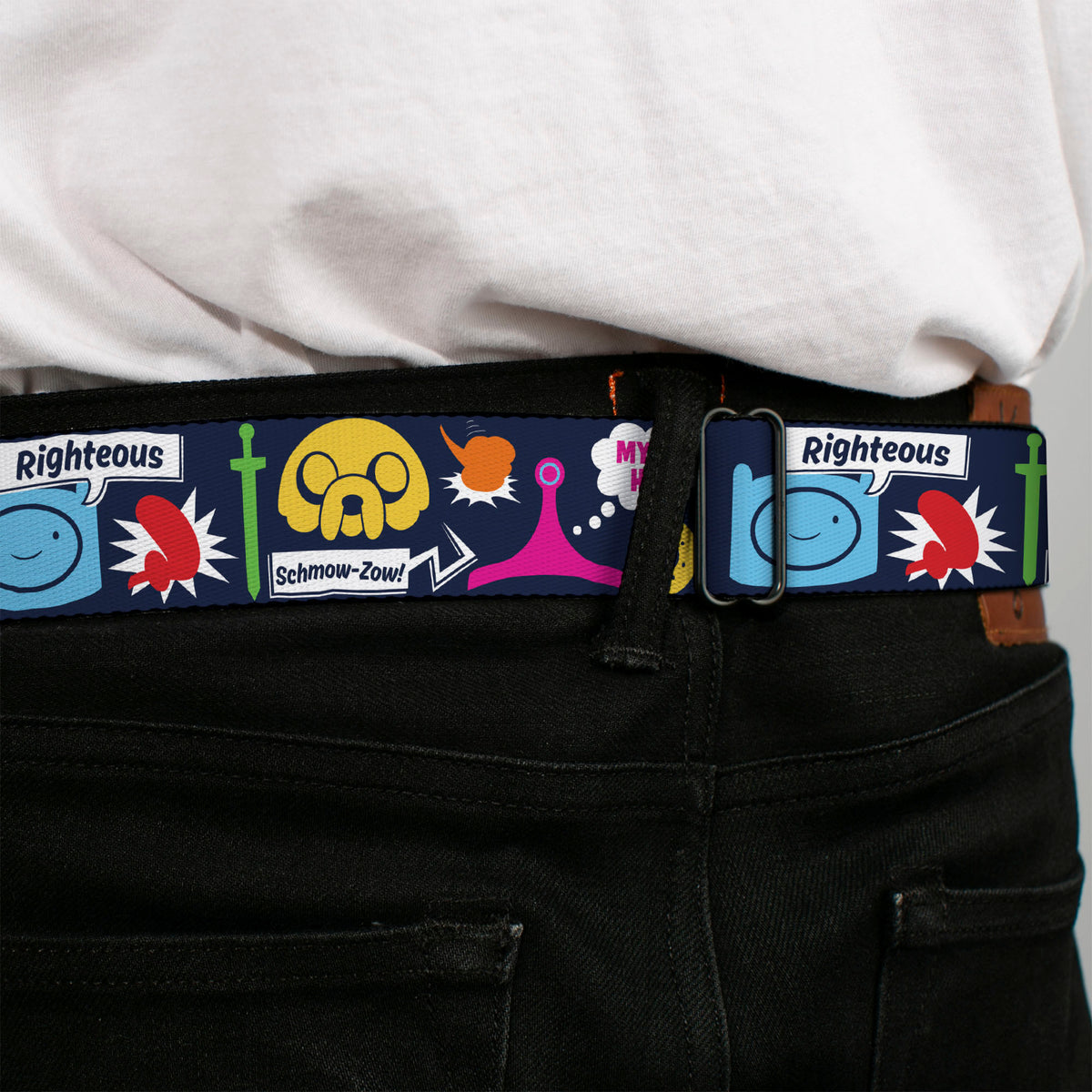 ADVENTURE TIME Title Logo Full Color Blue Seatbelt Belt - Adventure Time Finn and Jake Icons and Quotes Navy/Multi Color Webbing Seatbelt Belts Adventure Time