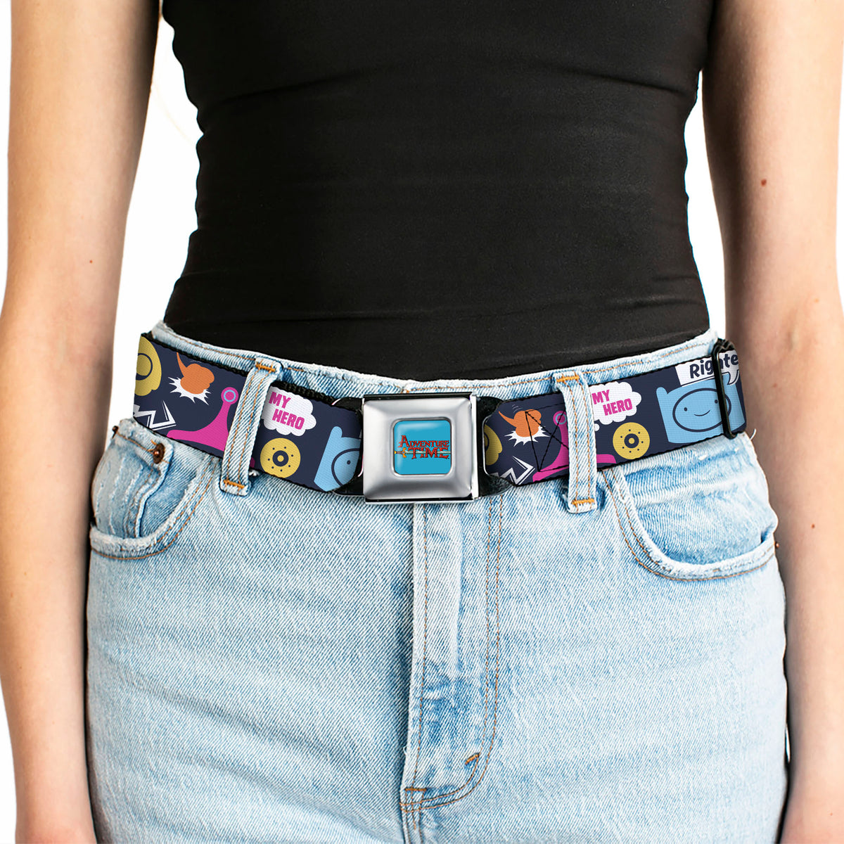 ADVENTURE TIME Title Logo Full Color Blue Seatbelt Belt - Adventure Time Finn and Jake Icons and Quotes Navy/Multi Color Webbing Seatbelt Belts Adventure Time