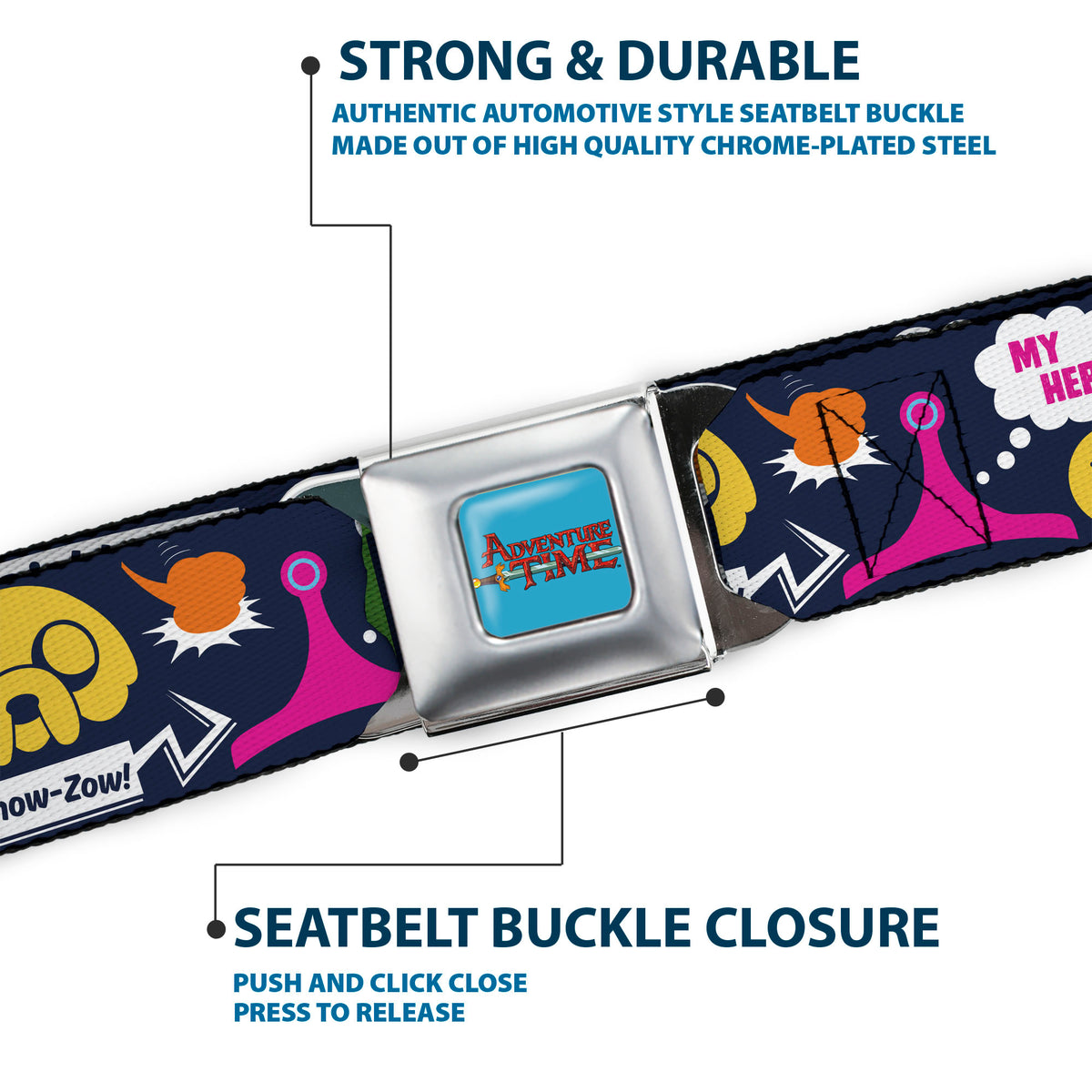 ADVENTURE TIME Title Logo Full Color Blue Seatbelt Belt - Adventure Time Finn and Jake Icons and Quotes Navy/Multi Color Webbing Seatbelt Belts Adventure Time