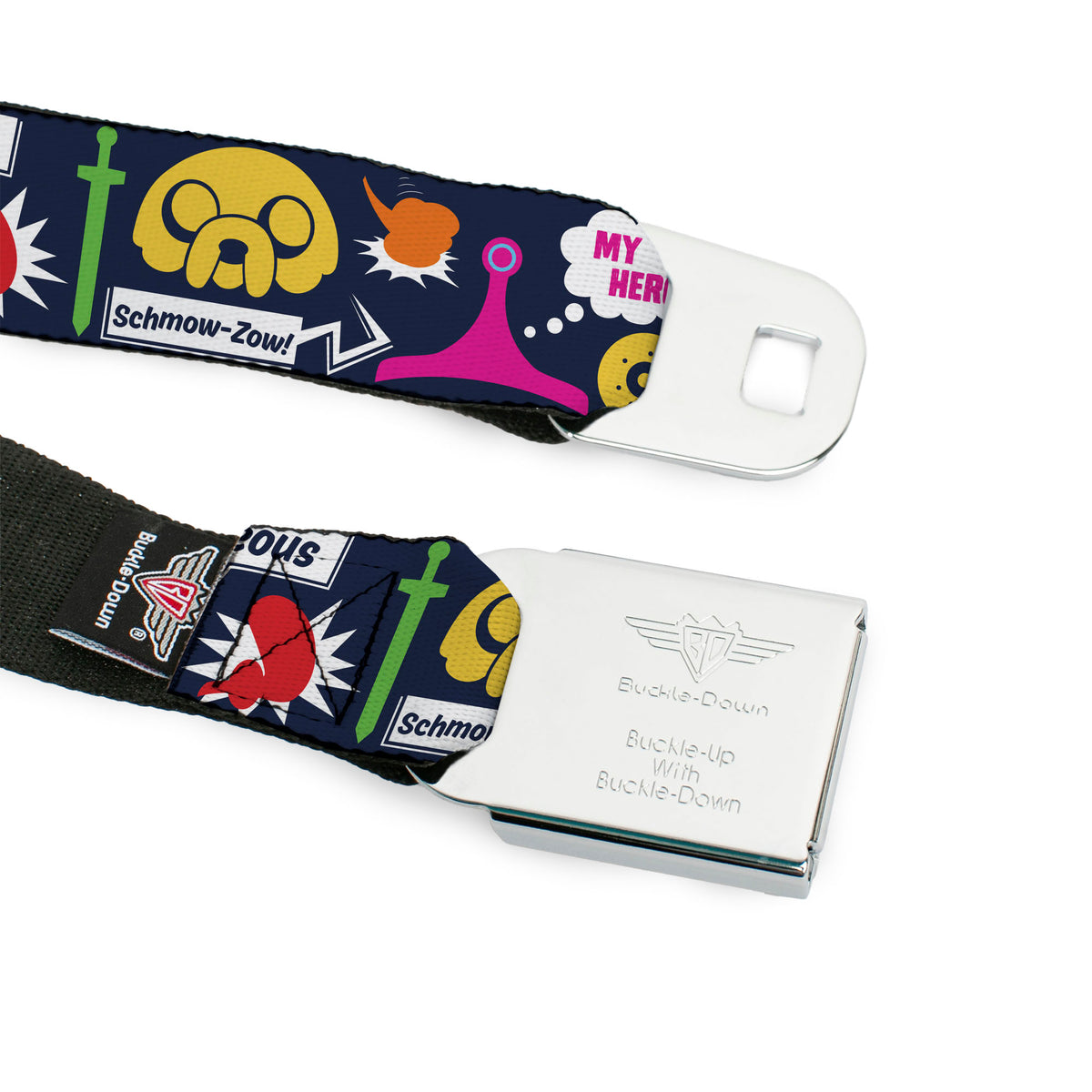 ADVENTURE TIME Title Logo Full Color Blue Seatbelt Belt - Adventure Time Finn and Jake Icons and Quotes Navy/Multi Color Webbing Seatbelt Belts Adventure Time