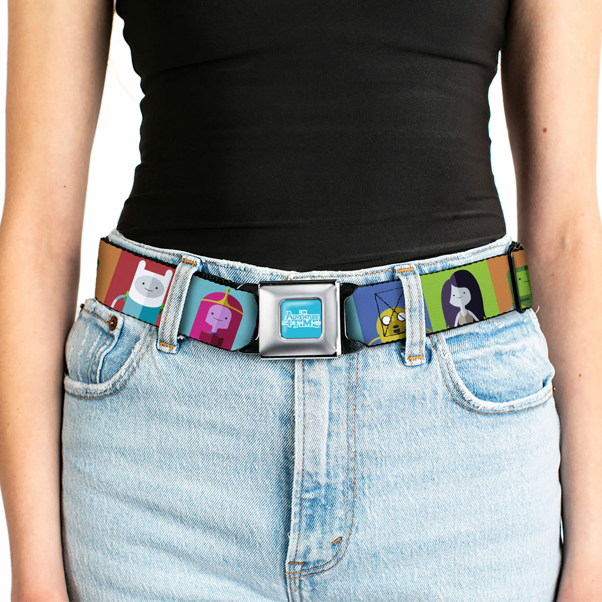 ADVENTURE TIME Title Logo Full Color Blue/White Seatbelt Belt - Adventure Time 5-Character Pose Color Blocks Multi Color Webbing Seatbelt Belts Adventure Time