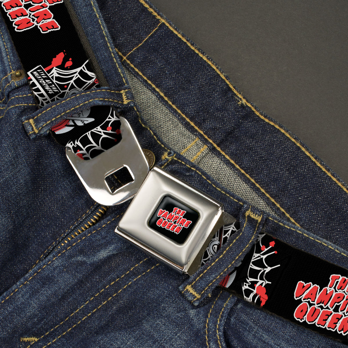 Adventure Time Marceline THE VAMPIRE QUEEN Title Logo Full Color Black/White/Red Seatbelt Belt - Adventure Time Marceline THE VAMPIRE QUEEN Web Pose Black/White/Red Webbing Seatbelt Belts Adventure Time