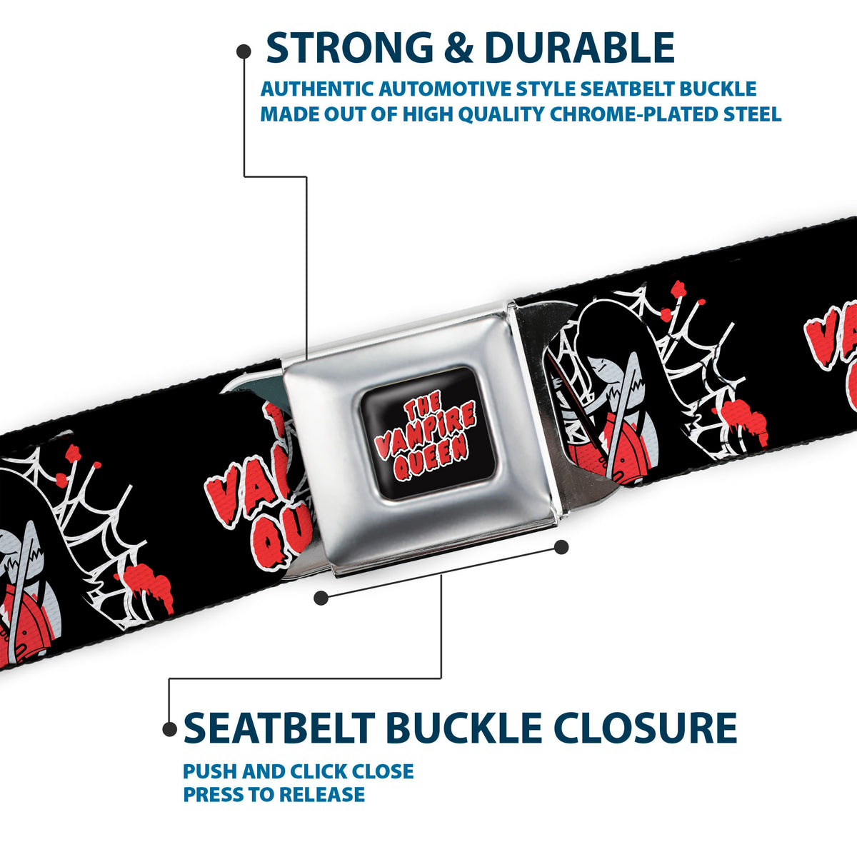 Adventure Time Marceline THE VAMPIRE QUEEN Title Logo Full Color Black/White/Red Seatbelt Belt - Adventure Time Marceline THE VAMPIRE QUEEN Web Pose Black/White/Red Webbing Seatbelt Belts Adventure Time