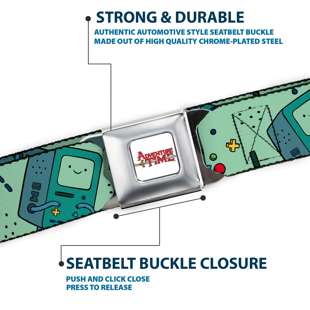 ADVENTURE TIME Title Logo Full Color White Seatbelt Belt - Adventure Time BMO Pose Flips Seafoam Green Webbing Seatbelt Belts Adventure Time