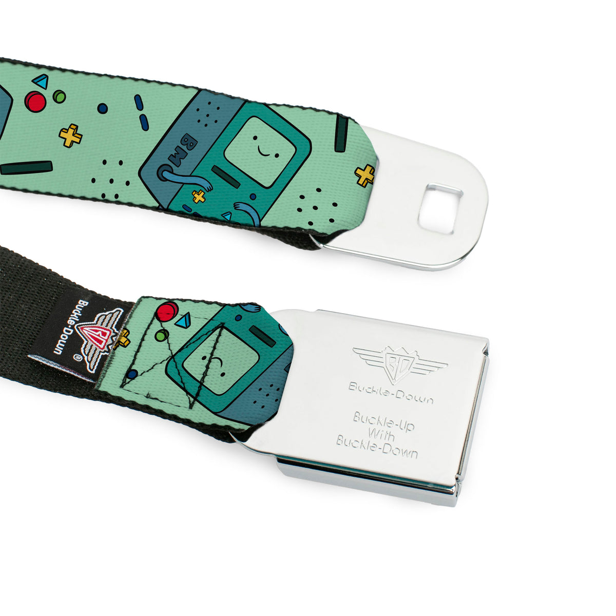 ADVENTURE TIME Title Logo Full Color White Seatbelt Belt - Adventure Time BMO Pose Flips Seafoam Green Webbing Seatbelt Belts Adventure Time