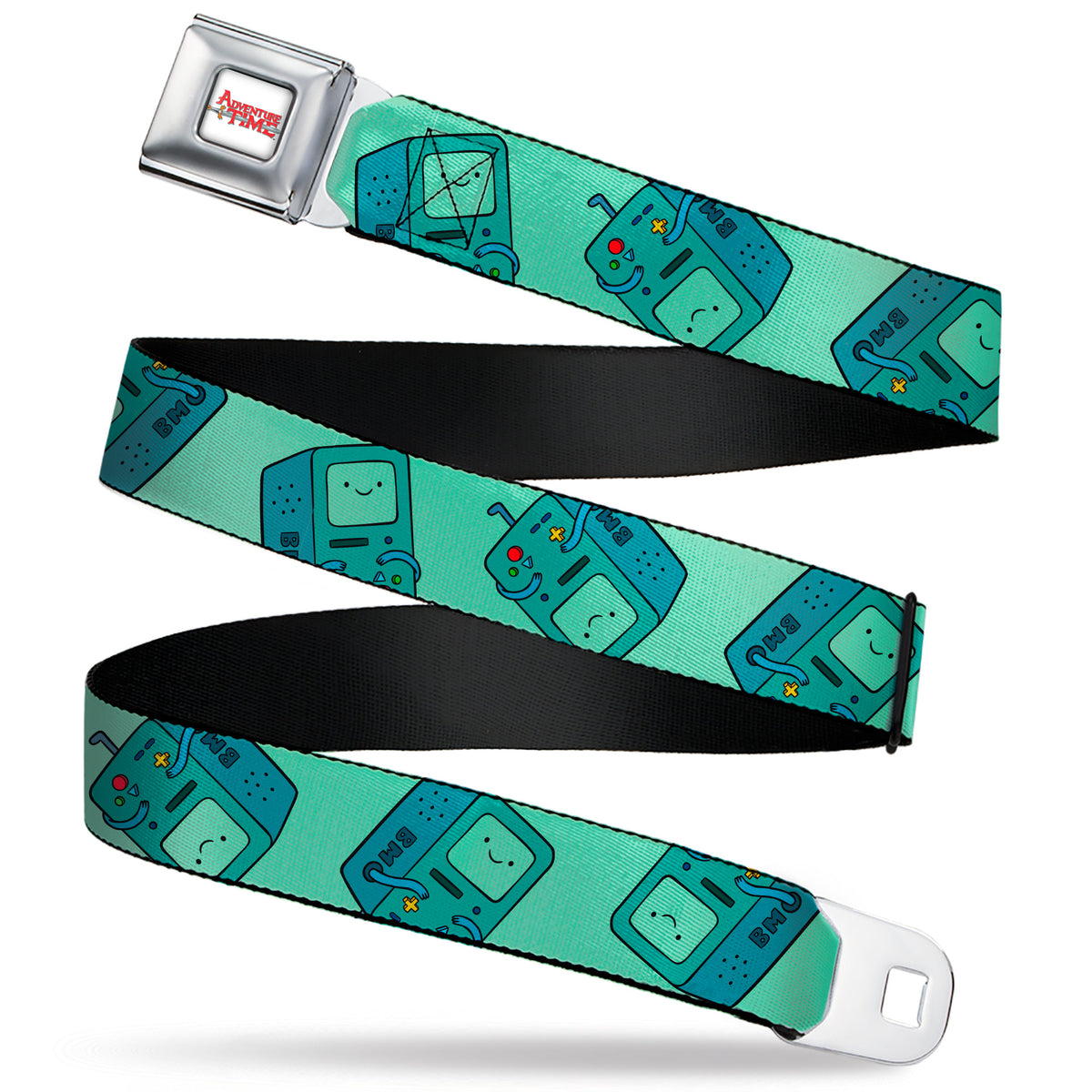 ADVENTURE TIME Title Logo Full Color White Seatbelt Belt - Adventure Time BMO Pose Flips Seafoam Green Webbing Seatbelt Belts Adventure Time