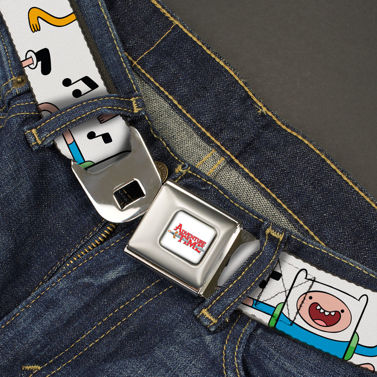ADVENTURE TIME Title Logo Full Color White Seatbelt Belt - Adventure Time Finn and Jake Dancing Poses and Music Notes White Webbing Seatbelt Belts Adventure Time