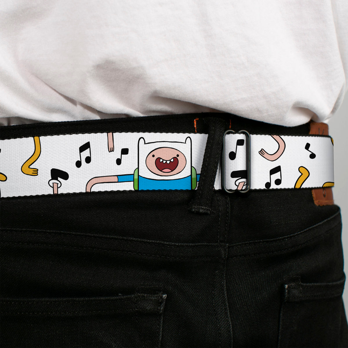 ADVENTURE TIME Title Logo Full Color White Seatbelt Belt - Adventure Time Finn and Jake Dancing Poses and Music Notes White Webbing Seatbelt Belts Adventure Time