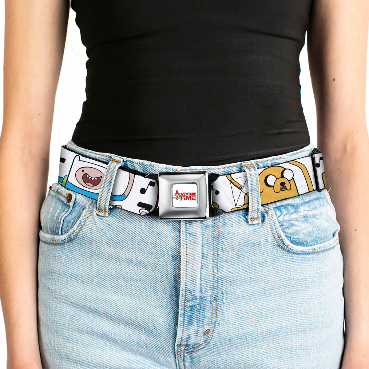 ADVENTURE TIME Title Logo Full Color White Seatbelt Belt - Adventure Time Finn and Jake Dancing Poses and Music Notes White Webbing Seatbelt Belts Adventure Time