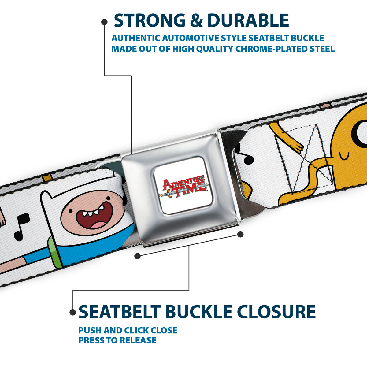 ADVENTURE TIME Title Logo Full Color White Seatbelt Belt - Adventure Time Finn and Jake Dancing Poses and Music Notes White Webbing Seatbelt Belts Adventure Time