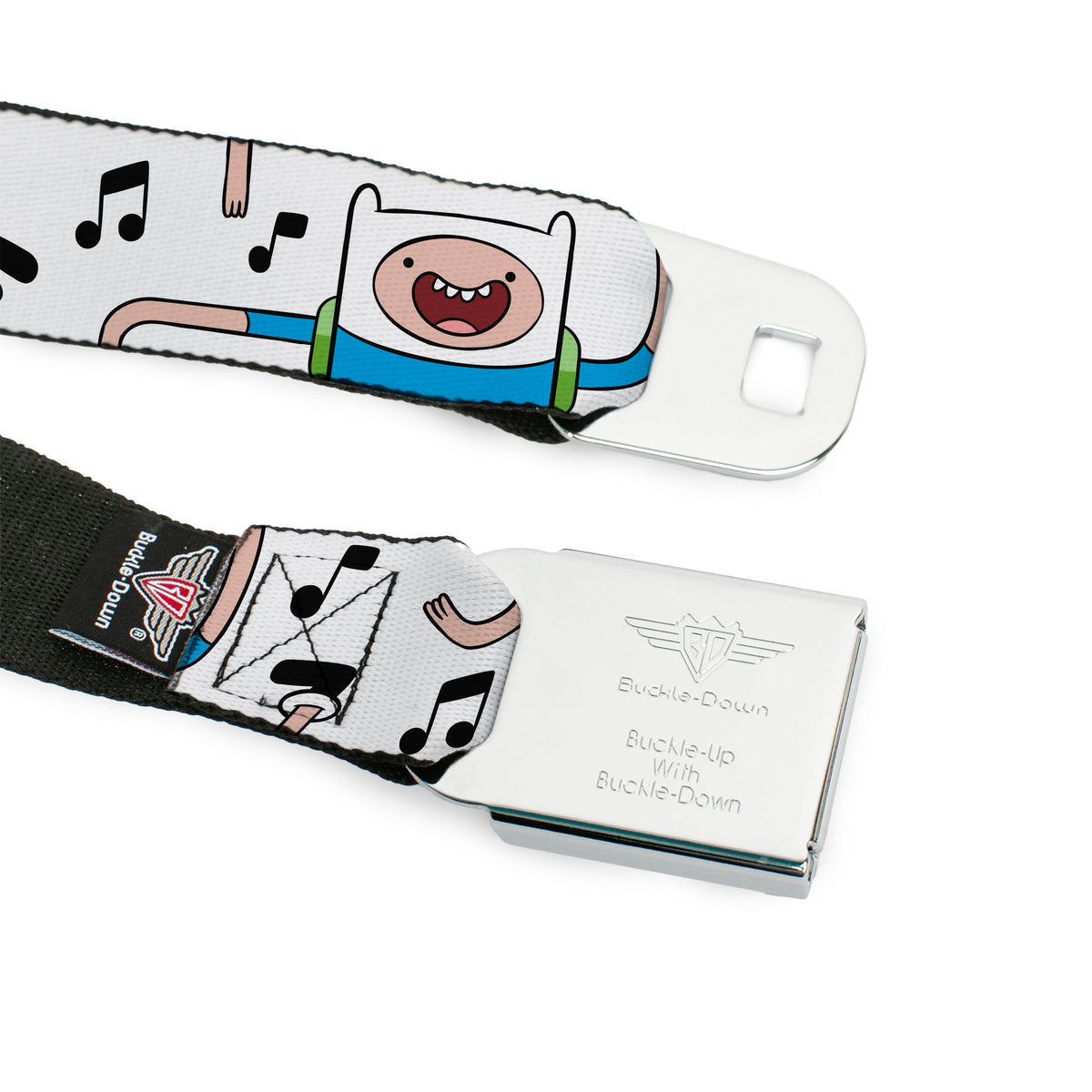 ADVENTURE TIME Title Logo Full Color White Seatbelt Belt - Adventure Time Finn and Jake Dancing Poses and Music Notes White Webbing Seatbelt Belts Adventure Time
