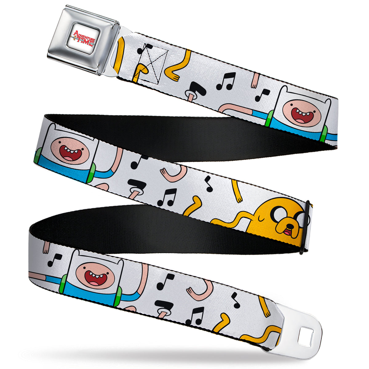 ADVENTURE TIME Title Logo Full Color White Seatbelt Belt - Adventure Time Finn and Jake Dancing Poses and Music Notes White Webbing Seatbelt Belts Adventure Time