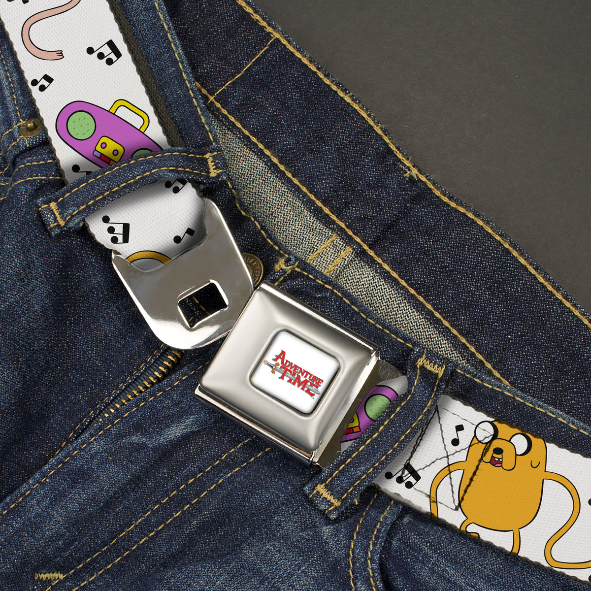 ADVENTURE TIME Title Logo Full Color White Seatbelt Belt - Adventure Time Finn and Jake Long Arms Dancing Pose White Webbing Seatbelt Belts Adventure Time
