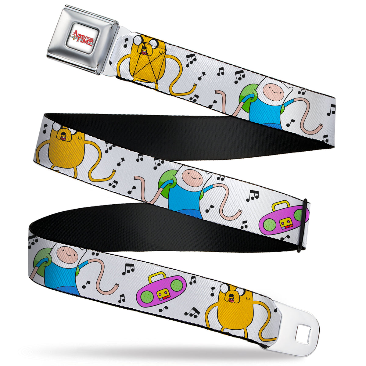 ADVENTURE TIME Title Logo Full Color White Seatbelt Belt - Adventure Time Finn and Jake Long Arms Dancing Pose White Webbing Seatbelt Belts Adventure Time