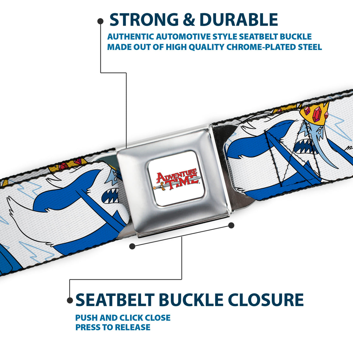 ADVENTURE TIME Title Logo Full Color White Seatbelt Belt - Adventure Time Ice King Poses and Bolts White/Blue Webbing Seatbelt Belts Adventure Time