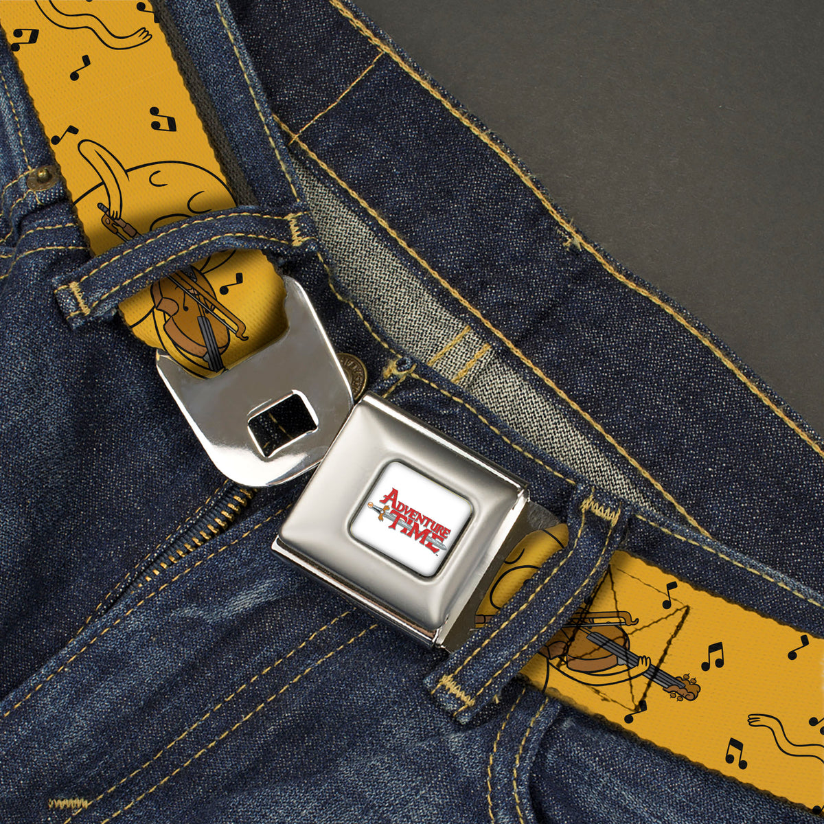 ADVENTURE TIME Title Logo Full Color White Seatbelt Belt - Adventure Time Jake Dancing and Violin Poses Yellow Webbing Seatbelt Belts Adventure Time