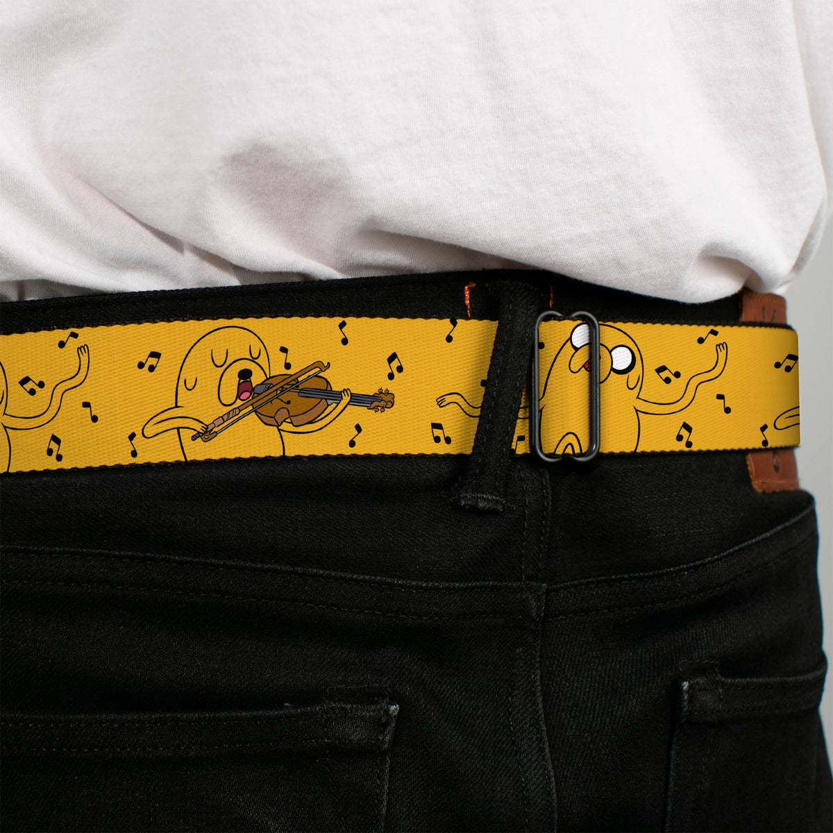 ADVENTURE TIME Title Logo Full Color White Seatbelt Belt - Adventure Time Jake Dancing and Violin Poses Yellow Webbing Seatbelt Belts Adventure Time
