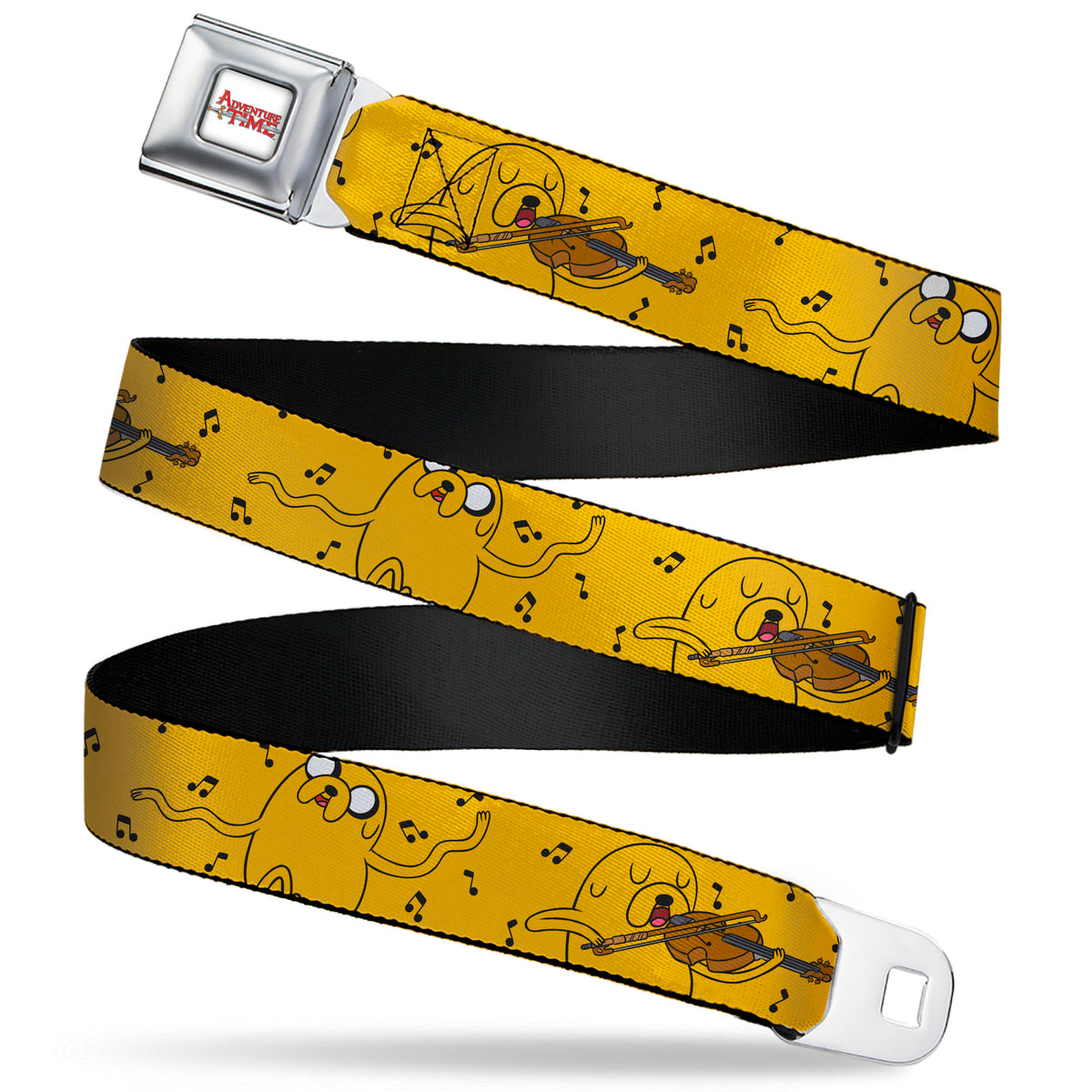 ADVENTURE TIME Title Logo Full Color White Seatbelt Belt - Adventure Time Jake Dancing and Violin Poses Yellow Webbing Seatbelt Belts Adventure Time